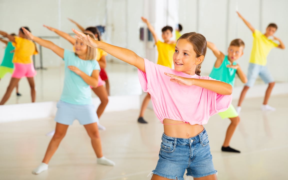 Dance class for kids, girls and boys training in dance studio